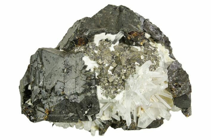 Gleaming Cubic Pyrite Crystals and Quartz on Sphalerite - Peru #369837